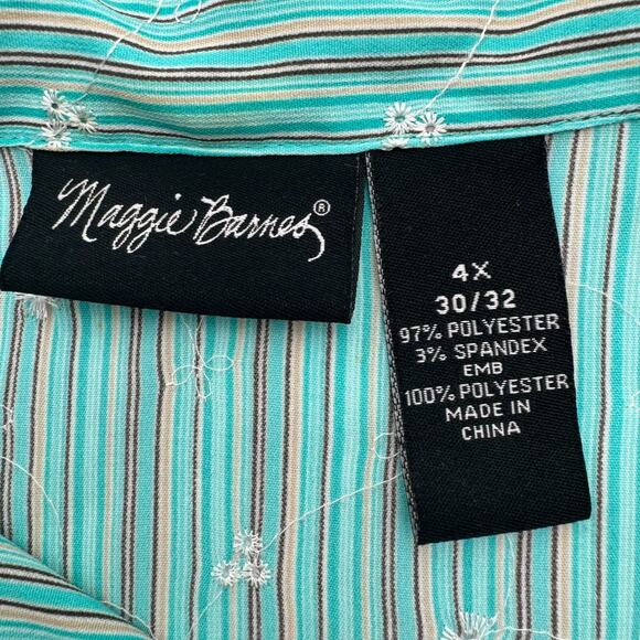 MAGGIE BARNES NEW 4x blue stripe floral embroidered button up short sleeve shirt - Picture 5 of 8